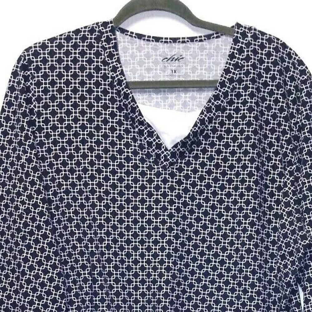 Geometric Print top Plus Sz Blue white Cotton knit